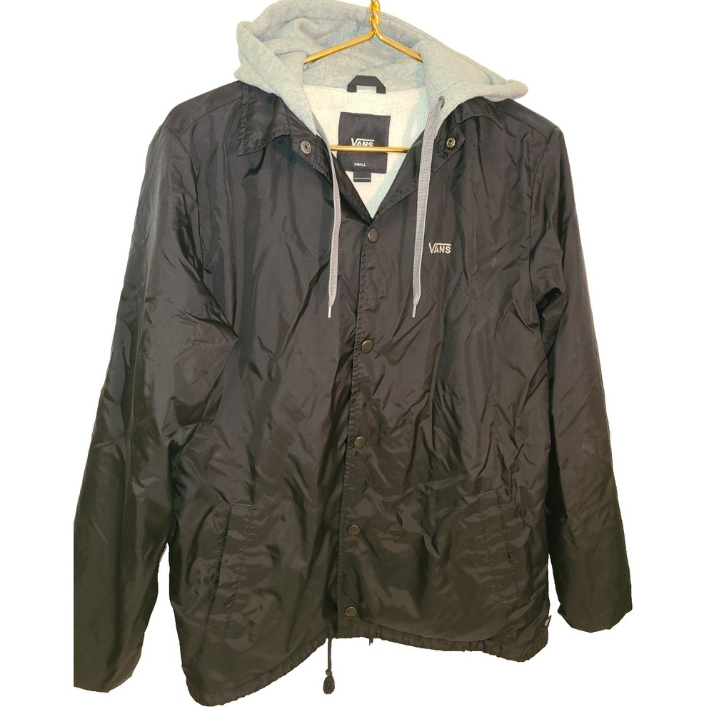 Vans Jacket Mens Small Riley Hooded‎ Coaches Windbreaker Snap-Button Black Gray